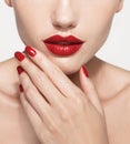 Red Lips and Nails closeup. Open Mouth.