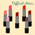 Red shades lipstick set on background, vector.