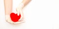 Red shape of an heart hold by female hands in sterile gloves.White background