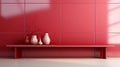 A red shelf with vases on it