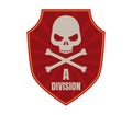 Red shield badge with skull and crossbones and text. Military insignia graphic. Pirate emblem, danger sign vector