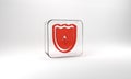 Red Shield with leaf icon isolated on grey background. Eco-friendly security shield with leaf. Glass square button. 3d