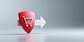 Red shield with shopping cart icon and white arrow symbolizing secure online shopping and e-commerce direction on light background Royalty Free Stock Photo