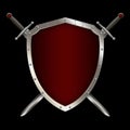 Red shield with swords on black background. Royalty Free Stock Photo