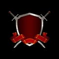 Red shield with swords and red ribbon. Royalty Free Stock Photo