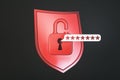 Red shield with unlocked padlock and password symbol on a black background representing cybersecurity and data protection. 3D Royalty Free Stock Photo