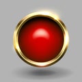 Red shiny circle blank button with gold metallic frame, vector element for web Royalty Free Stock Photo