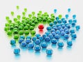 Red shiny sphere standing out among green and blue spheres. 3D illustration