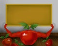 Red shiny tomato with hands and holding small yellow color board illustration