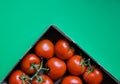 Red shiny tomatoes in a box in green background Royalty Free Stock Photo