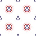 Red Ship steering wheel and blue anchor icon isolated seamless pattern on white background. Vector Royalty Free Stock Photo