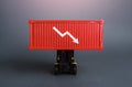 Red shipping container with down arrow. Decrease in imports and exports of goods. Trade traffic decreasing. Production fall.