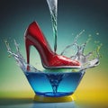 Red shoe with feminine heel in valde receiving a good jet of water that explodes in the air. Royalty Free Stock Photo