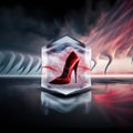 A red shoe in a glass cube with tornados in the background Royalty Free Stock Photo