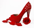 Red shoe, rose and petals Royalty Free Stock Photo