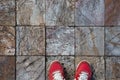 Red Shoes on a Beautiful Stone Floor Grid of Squares, Arquitecture Background.