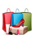 Red Shoes And Cosmetics With Colorful Shopping Bags. Concept Of