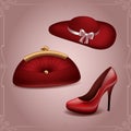 Red Shoes ladies hat and handbag vintage accessories vector Royalty Free Stock Photo