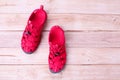 Red shoes sandle on a wooden background Royalty Free Stock Photo