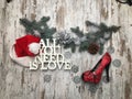 Red shoes on wooden floor flatlay with christmas symbols