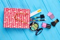Red shopping bag and cosmetics. Royalty Free Stock Photo