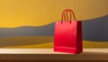 Red shopping bag with empty space, yellow studio background Royalty Free Stock Photo