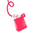 Red shopping bag in a flexible red hand with tag and percent. Christmas and New Year\'s Day event concept. 3d rendering