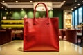 Red shopping bag on table in shopping mall, shallow depth of field