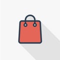 Red shopping bag thin line flat color icon. Linear vector symbol. Colorful long shadow design. Royalty Free Stock Photo