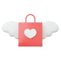 Red shopping bag with white heart and angel wings. Valentine's Day gift concept 3d render illustration. Royalty Free Stock Photo