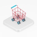 Red shopping cart icon on wheels. 3d rendering square button key isometric view, interface ui ux element Royalty Free Stock Photo