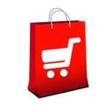 Red shopping paper bag with simple white symbol of shopping cart - trolley. Item, button on web page. Royalty Free Stock Photo