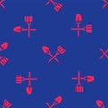 Red Shovel and rake icon isolated seamless pattern on blue background. Tool for horticulture, agriculture, gardening Royalty Free Stock Photo