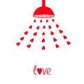 Red shower bath douche with red hearts water drops. Love greeting card. Happy Valentines Day sign symbol. Flat design. White backg