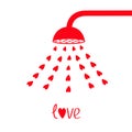 Red shower bath douche with red hearts water aqua drops. Love greeting card. Happy Valentines Day sign symbol. Flat design. White