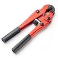 Red and Black Ratcheting Crimping Tool on White Background Keywords: crimping tool, wire, cable Royalty Free Stock Photo
