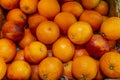 Red Sicilian oranges on a counter in a supermarket. Close-up. Top view. Strengthening immunity during the coronavirus pandemic