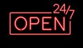 Red sign Open 24/7 hours neon lights for night club or bar. Royalty Free Stock Photo