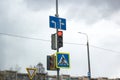 Red signal traffic light on blue sky background Royalty Free Stock Photo