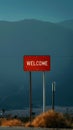 Red signpost with the words Welcome against the night landscape backdrop. Welcome button concept. Generative AI