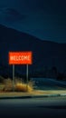 Red signpost with the words Welcome against the night landscape backdrop. Welcome button concept. Generative AI