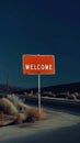 Red signpost with the words Welcome against the night landscape backdrop. Welcome button concept. Generative AI