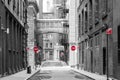 Red signs in a black and white cityscape at the intersection of Jay and Staple Streets in the Tribeca neighborhood of New York Royalty Free Stock Photo
