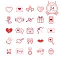 Red signs and symbols line icons set of heart and romantic elements for valentines day.