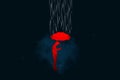 The red silhouette of a human figure stands in the rain, symbolizes problems, depression, pessimism, loneliness. Unhappy, sad