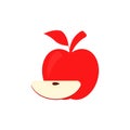 Red whole apple and quarter apple with a seed inside. Apple icon with a slice, branch and leaf. Vector illustration. Royalty Free Stock Photo