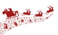 Red Silhouette. Santa claus flying with reindeer sleigh.