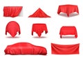 Red silk cloth covered objects realistic set.