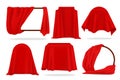 Red silk cover. 3D opened curtains, realistic covered with red cloth objects, napkins and tablecloth. Vector isolated