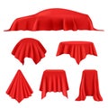 Red silk covered. Revealer cloth realistic exhibition curtains royal cover studio display vector collection